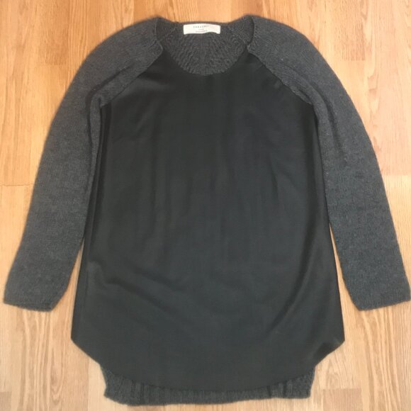 ZARA Mixed Media Faux Leather Knit Crochet Long Tunic Sweater Black Gray Medium - Picture 1 of 11